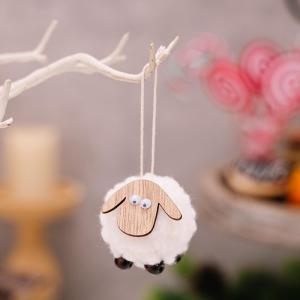 【H】1Pcs Little Sheep Ornament Christmas Tree Decoration Wool Animal Pendant Handmade Wood Accessory For Home Christmas