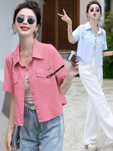High Waist Short Sleeve Denim Shirt Womens Summer Casual Chic Top Thin Outerwear Button up Straight Leg Polo Collar