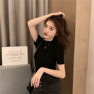 Knitted Bottoming Short Sleeve Slim Fit Half Turtleneck Puff Sleeve Thin Cropped Blouse