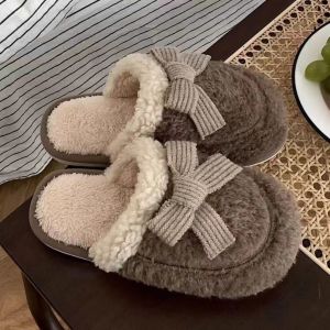 Thick Bottom Cotton Slippers Womens Winter Cute Bow Knot Home Anti-slip Couple Slippers Lunar Month Flat Heel PVC Outsole