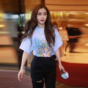 Celebrity Yang Ying Zhao Lusi Same Style Sailor Moon Pretty Girl Warrior Print T-shirt Loose Short Sleeve Tops Summer Trendy