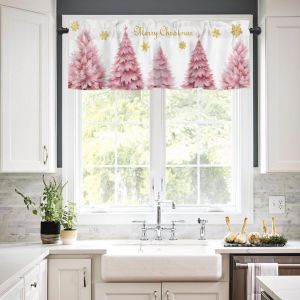 VIKAMA Pink Hello Winter Blush Pickup Truck Girl Pine Christmas Short Window Curtain Cute Pastel Girly Holiday Home Decor Unique