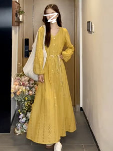 LIRUSHAN | Early Autumn New Style French Yellow Long Sleeve Slim V-Neck Dress