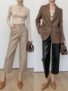 Black High Waist Elastic Splice Nine Point Leather Pants Women Autumn Winter Loose Slim Straight Casual Eight Point Pants