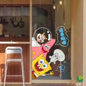 Ins Style Cartoon Sponge Bob Static Cling Glass Wall Decals Modern Simple Decorative Waterproof PVC Stickers for Shop Decoration