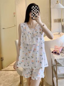 Ultra-Thin Cotton Silk Sleepwear Womens Summer No-Need-To-Wear Bralette Shorts Set Sleeveless Print Home Clothes for Mom