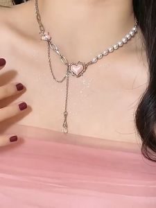 Nicedays🍒Hati Persik Romantis Manis Manis Duri Kalung Duri Ceruk Cahaya Mewah Rantai Klavikula Mutiara Y2K Wanita
