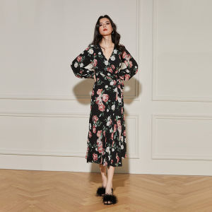 Stylish Slimming Black Floral Retro French Style V-Neck Dress
