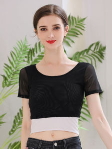 เสื้อชั้นในผ้าโปร่งสีดำคอโปโลแขนสั้นสไตล์ฤดูร้อนสำหรับผู้หญิง เสื้อชั้นในผ้าโปร่งบางๆ ใส่ได้ตลอดทั้งปี เสื้อชั้นในผ้าตาข่าย