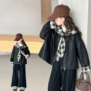 MPW | Girls Leather Jacket Casual Spring Autumn Fashionable Childrens Clothing Middle Big Kids Girls Casual Jacket Top