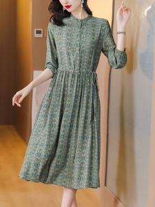 Silk Floral Print Midi Dress Spring Summer 2025 New Style Mommy Long Sleeve Elegant Ladylike Mulberry Silk Dress Womens Fashion