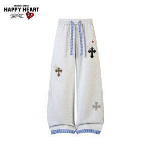 CHARLES JANGS HAPPY HEART | Peach Heart American Check Cross Print Loose Straight Trousers