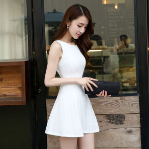 Summer French Sleeveless Dress Womens Waist Cinching Slimming Chiffon Zipper Pure Desire Short Skirt Trendy round Neck High Waist A-Line Dress