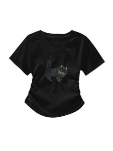 เสื้อยืดคอกลมทรงเข้ารูปสำหรับผู้หญิงในช่วงฤดูร้อน เสื้อเชิ้ตทรงเข้ารูปแขนสั้นทรงเข้ารูปเอวสั้น ดีไซน์ไม่สมมาตร เสื้อผ้าทำงานสไตล์เกาหลี