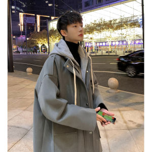 Mens Winter Fashion Coat Hooded Mid-Length Thickened Casual Outerwear Youth Pop Style Couple Match Loose Fit Polyester Fiber