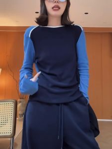 Slim Fit Blue Color Block Long Sleeve Womens T-Shirt Autumn 2025 New Design Versatile Slimming Top Cotton Casual Wear