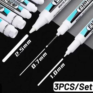 3pcs 0.7/1.0/2.5mm Permanent Oily White Markers Pen Waterproof Tire Painting Graffiti Environmental Gel Pens Notebook Drawing Supplies