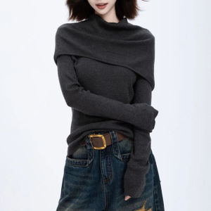 เสื้อสเวตเตอร์ถักมีฮู้ดสีเทา ทรงเข้ารูป สำหรับผู้หญิง ชุดแฟชั่นต้นฤดูใบไม้ร่วง ดีไซน์เก๋ไก๋ แขนยาว ปกติ