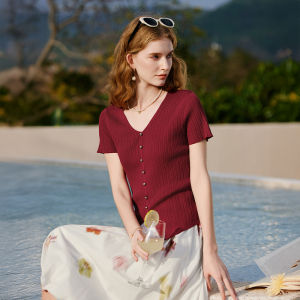 XIANGYING | Red V-Neck Faux Cardigan Slim Fit Summer T-Shirt