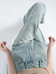 Summer Thin Narrow Denim Jeans Women Straight Loose High Waist Diamond Design Draping Slim Small Size Wide Leg Pants