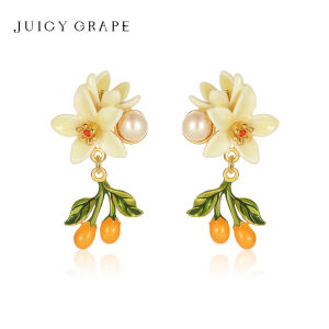 Juicy Grape Pearl Earring for Women 925 Sterling Silver Needle Small Kumquat Pendant Enamel Flower Earring White Orange Blossom