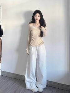 Off-Shoulder Knitted Long Sleeve U-Neck Womens Top French Style Lazy Feel Outerwear Casual Korean Version Solid Color Commute