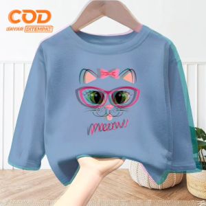 Pakaian Atasan Anak Laki-Laki & Perempuan Usia 1-12 Tahun Lengan Panjang Bergambar Meow Terbaru