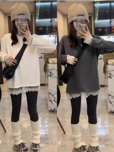 Lace Insert T-Shirt Womens Fashion Spring New Style Layered Top Mid-Length Base Shirt Casual Loose Fit Long Sleeve round Neck