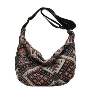 Trendy Ethnic Canvas Crossbody Bag Womens Fashionable Shoulder Bag Casual Simple Style Zipper Closure Soft Geometric Pattern