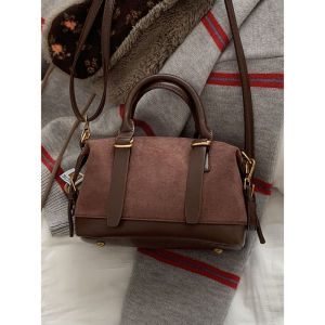 Retro Suede Crossbody Bag Womens Winter 2024 New Fashion Bowling Bag Multi-Functional Handbag Soft Polyester Lining Zipper Closure