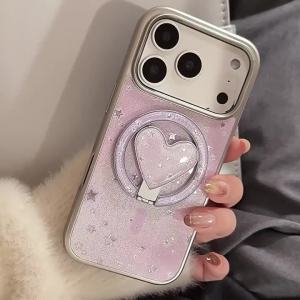 Korean Purple Stars Fold Love Heart Bracket Magnetic Phone Case For iPhone 17 Air 16 15 14 13 12 Pro Max Shockproof Hard Cover
