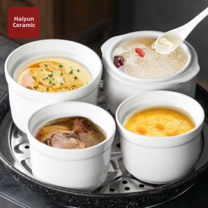 Ceramic Soup Pottery Double-Decker Ceramic Soup Bowl Water Separation Cooking Utensil for Birds Nest Special Lid Baby Dessert Bowl Soup Bowl