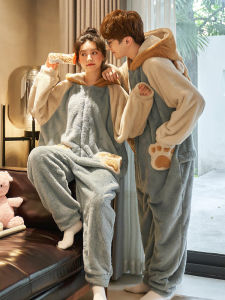 Thickened Coral Fleece Pajamas Couples Matching Long Sleeve Hooded Onesie Cartoon Bear Home Clothes for Men And Women