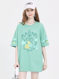 Loose Fit Cotton T-Shirt Womens Short Sleeve Mint Green Half Sleeve Summer Fashion Small Size Shoulder Print round Neck Top