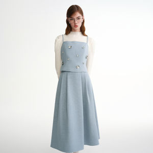 DUSHU | Large Size Elegant Blue Glittery Set Dress Tank Top and Midi Skirt