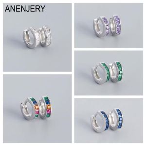 ANENJERY Colored Square Zircon Circle Hoop Earrings for Women Simple French Silver Color Geometric Huggies Gift pendientes
