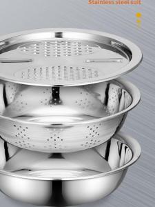 Stainless Steel round Shredding Basin Draining Basin Soup Basin Three-Piece Set Rice Washing Sieve Turnip Potato Shredder Household