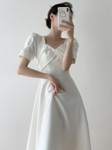 White Short-Sleeved French Dress Summer New Fancy Temperament High Waist Slim Looking A- line Fairy Tea Break Long Skirt