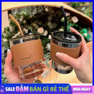 Cốc Thủy Tinh Bọc Da Kèm Ống Hút Chịu Nhiệt Cao 450ML - Ly Thủy Tinh Uống Trà Cà Phê  Cốc Ăn Sữa Chưa - Cốc Uống Nước - Ly Pha Lê Cao Cấp
