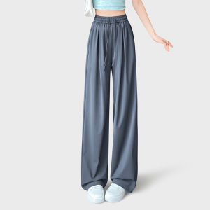 Gray Ice Silk Wide Leg Pants Womens Summer Thin Casual Drapey Loose Fit Trousers Big Size Fashionable Business Commute Style