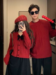 Red Knitted Sweater Couple Matching Vintage Christmas Style New Year Visit Clothing Versatile Snake Year Design Sweet Style