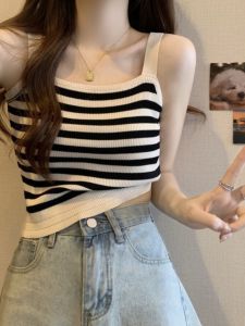Black White Striped Ice Silk Knitted Strap Vest Womens New Summer Innerwear Outerwear French Style Backless Base Top