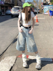 Light Washed Faded Wide Leg Jeans Womens High Waist Summer New Style Seven-Foot Straight Cut Trousers Casual Loose Fit Jeans