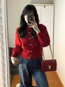 Red Knitted Sweater Coat Christmas New Year Retro High Waist Short Top Autumn Winter Small Fragrance Style Wrap Cardigan for Women