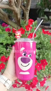Ly Giữ Nhiệt Inox Hình Gấu Hồng StrawBerry 450Ml Kèm Ống Hút Inox