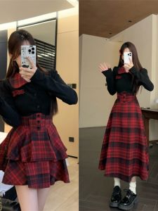 plus Size Womens Fashion Set JK Uniform Waist Cinched Slim Fit Top Plaid High Waist Short Half Skirt Two Piece Ensemble