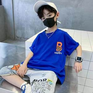 Boys Summer Cotton T-Shirt Short Sleeve Pure Cotton Sweat Absorbent Korean Style Loose Fit Upper Body Fashionable Streetwear