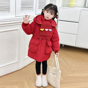 Red Thickened Cotton Jacket for Girls Winter New Years Middle-Length Coat Korean Style Childrens Clothing with Hood Zipper