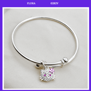FLORA 0282V - Vòng tay bạc ta chỉnh size mix charm hình mèo Hello Kitty dành cho bé gái