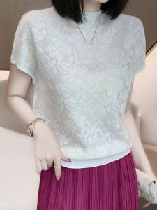 French Knitted Ice Silk Top round Neck Loose Fit Short Sleeve Casual Fashion Slimming Versatile Design Commute Ready Summer Style
